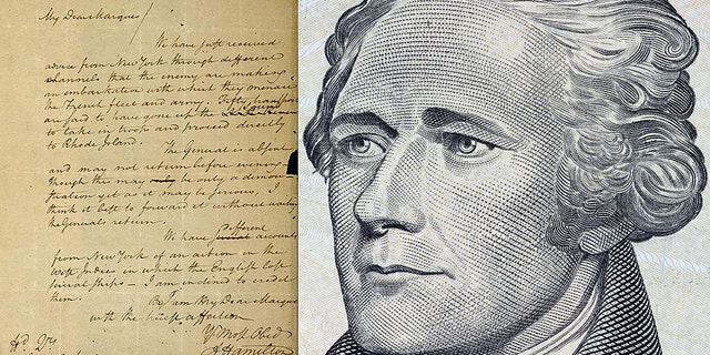 The image to the left shows a letter from Alexander Hamilton dated 1780 addressed to the Marquis de Lafayette, stolen from the Massachusetts Archives several decades ago.