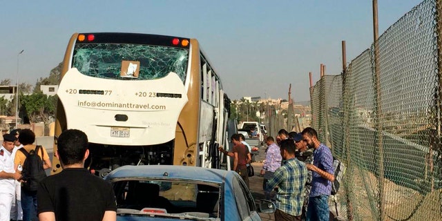 Egyptian officials said a roadside bomb hit a tourist bus near the famed Giza Pyramids on Sunday.