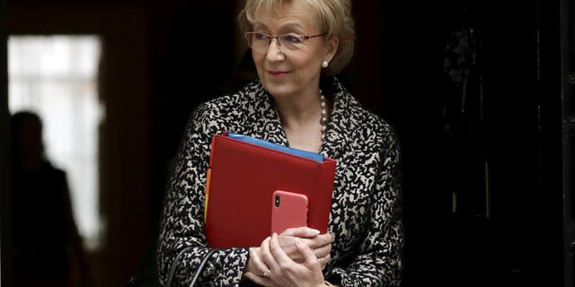 In this Tuesday, March 19, 2019 file photo, Britain's Andrea Leadsom the Leader of the House of Commons leaves a cabinet meeting at 10 Downing Street