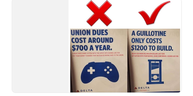 The AFL-CIO, the largest labor organization in the U.S., came under fire on Thursday after tweeting a picture of a guillotine and apparently threatening Delta CEO Ed Bastian after the company came out against unionization.<br>