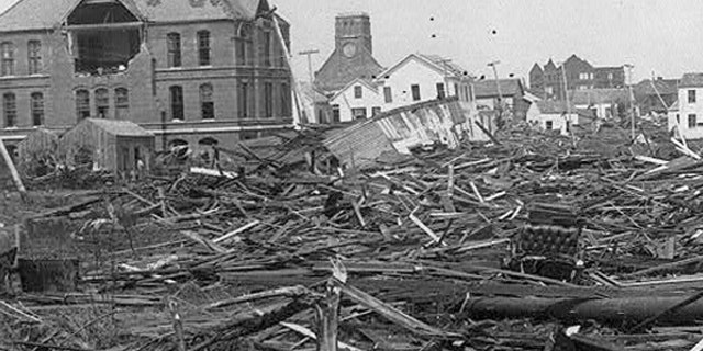 A view of the devastation caused by the Great Galveston Hurricane of 1900 that left between 8,000 to 12,000 dead.