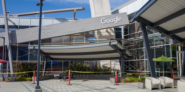 Facade with logo at the Googleplex, headquarters of Google Inc in the Silicon Valley, Mountain View, Calif., April 13, 2019.