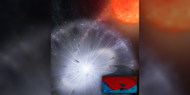 Researchers recently found stardust embedded in a meteorite from Antarctica. This tiny grain made up of carbon-rich material (red) and oxygen-rich material (blue) likely formed in a nova explosion.