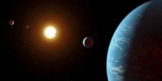 An artist's illustration of the K2-138 system, which contains at least five "sub-Neptune" planets orbiting closely around their parent star.