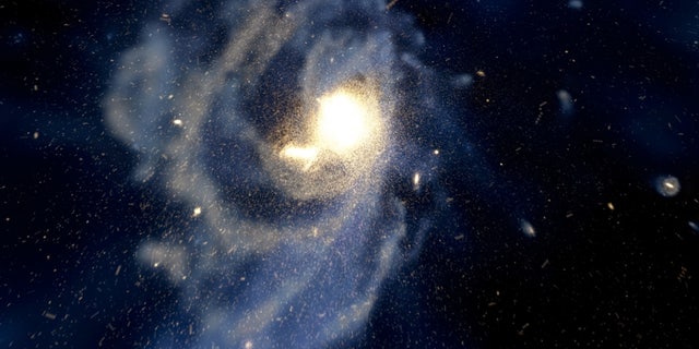 In a computer simulation of spiral galaxy formation, a halo structure partially forms from a pileup of many small galaxies. Even after merged galaxies disintegrate, individual stars retain chemical traces from their original galaxies.