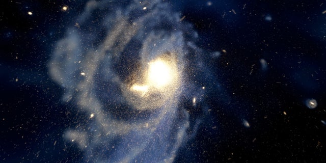 In a computer simulation of spiral galaxy formation, a halo structure partially forms from a pileup of many small galaxies. Even after merged galaxies disintegrate, individual stars retain chemical traces from their original galaxies.