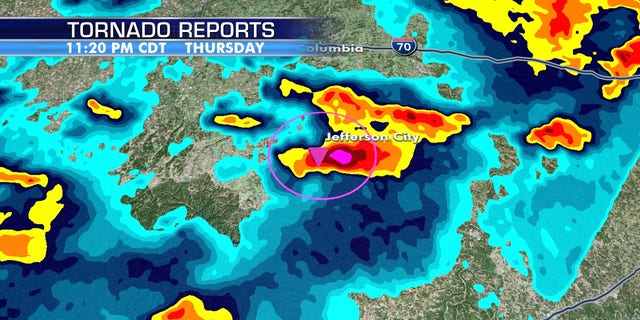 The large and destructive tornado bore down on Jefferson City, Missouri shortly before midnight.