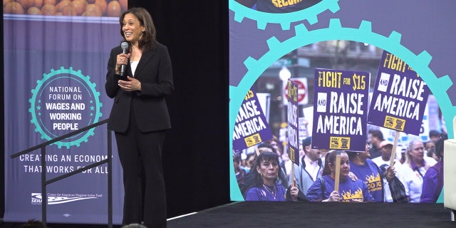 Sen. Kamala Harris tells union workers she will repeal the GOP tax cut if she were to be elected president, April 27, 2019 at the SEIU forum in Las Vegas.