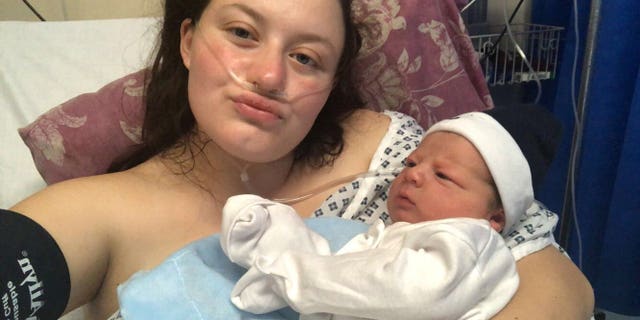 Paige Balding, 20,with son Hunter Jae just after giving birth.