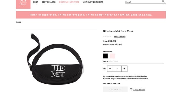 Highlights include a $63 surgical face mask (pictured) and a $100 Met-branded chin strap.