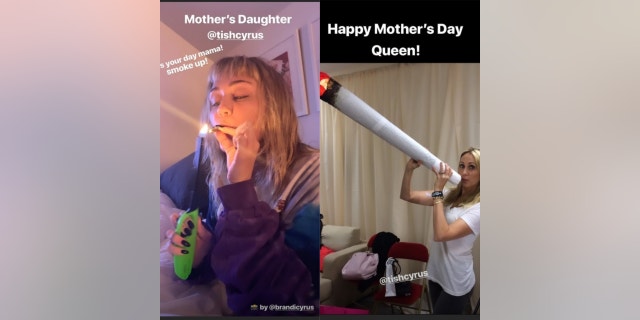 Miley Cyrus wished her mother, Tish, a happy Mother's Day with large marijuana blunts.