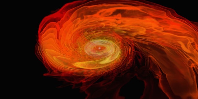 Two neutron stars rip each other apart to form a black hole in this NASA simulation. New research suggests that a stellar collision like this occurred very close to our solar system some 4.6 billion years ago, showering our cosmic neighborhood with many of the heavy elements crucial to life.