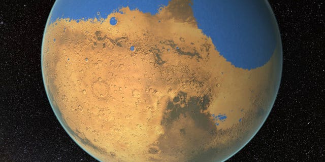 Before this slow process dried out the planet, Mars may have been covered by a vast ocean. This illustration shows how the planet may have looked billions of years ago.