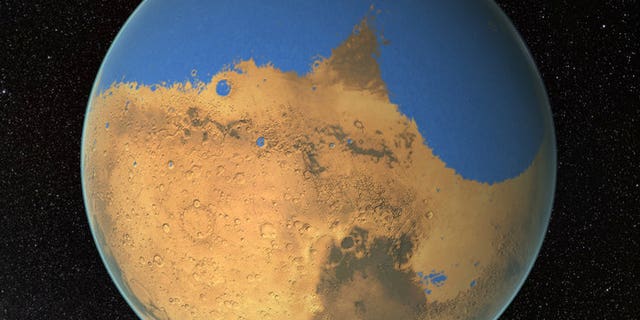 Before this slow process dried out the planet, Mars may have been covered by a vast ocean. This illustration shows how the planet may have looked billions of years ago.