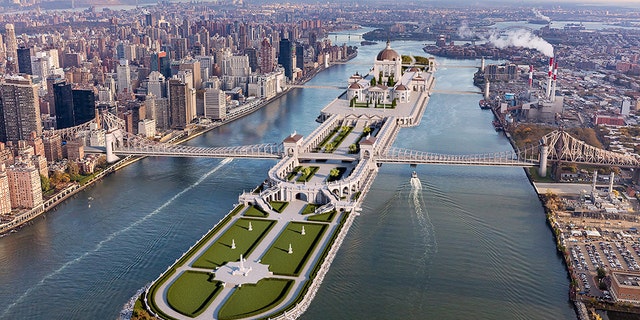 Một bản dựng 3D của thiết kế trung tâm dân sự đảo Roosevelt. (Nhà Barratt)
