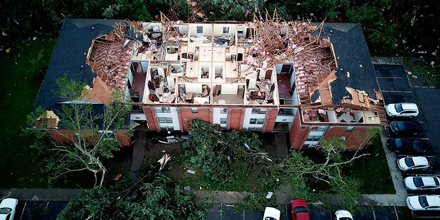 This aerial photo shows tornado damage at the Westbrooke Village Apartment complex in Trotwood, Ohio, Tuesday, May 28, 2019.