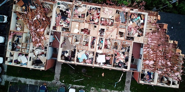 This aerial photo shows tornado damage at the Westbrooke Village Apartment complex in Trotwood, Ohio, Tuesday, May 28, 2019.