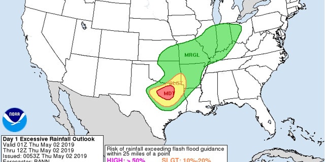 A moderate risk of excessive rainfall exists through North Texas on Thursday.