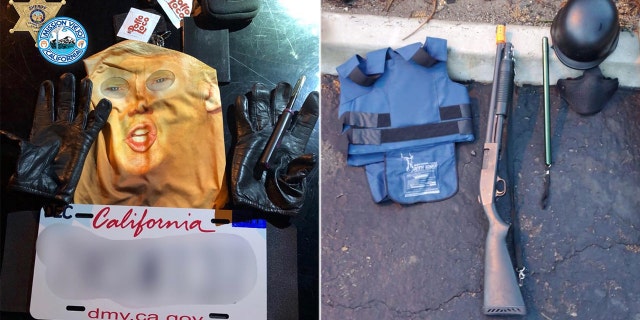 Deputies in Orange County, Calif., said a man was arrested Monday after he was caught vandalizing vehicles in a Trump mask. The suspect also had a loaded handgun, body armor, an airsoft shotgun, and helmet, and fake license plates, they said.