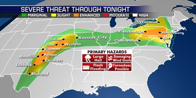 The areas at most risk for severe weather on Thursday.