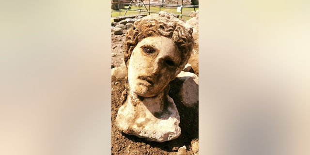 The marble head depicts the Greek god Dionysus.