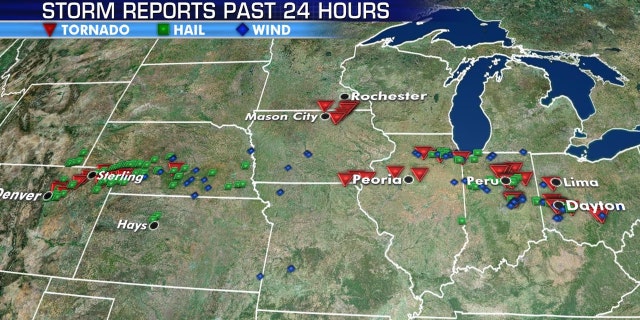 At least a dozen tornadoes were reported in Indiana and Ohio late Monday.