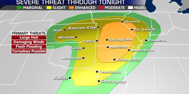 The threat of severe weather and tornadoes on Tuesday includes parts of Missouri and Arkansas.