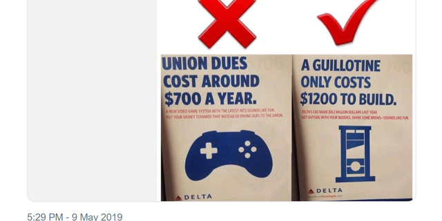 The AFL-CIO, the largest labor organization in the U.S., came under fire on Thursday after tweeting a picture of a guillotine and apparently threatening Delta CEO Ed Bastian after the company came out against unionization.