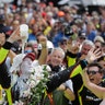 Simon Pagenaud, of France, celebrates after winning the Indianapolis 500 IndyCar auto race at the Indianapolis Motor Speedway, May 26, 2019. 