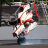 The car driven by Patricio O'Ward, of Mexico, goes airborne after hitting the wall in the second turn during practice for the Indianapolis 500 IndyCar auto race at Indianapolis Motor Speedway, May 16, 2019. 