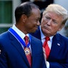 President Donald Trump awards the Presidential Medal of Freedom to Tiger Woods during a ceremony in the Rose Garden of the White House in Washington, May 6, 2019. 