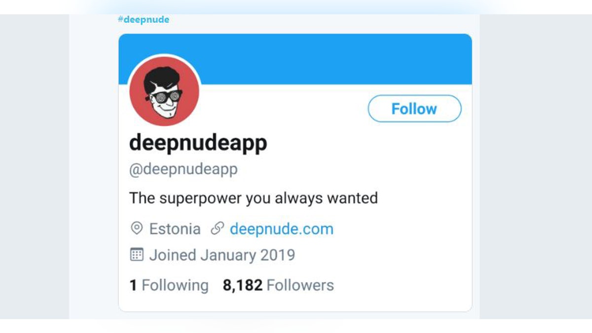 This screengrab taken on June 28, 2019, in Washington shows the Twitter account and the logo of the DeepNude app.