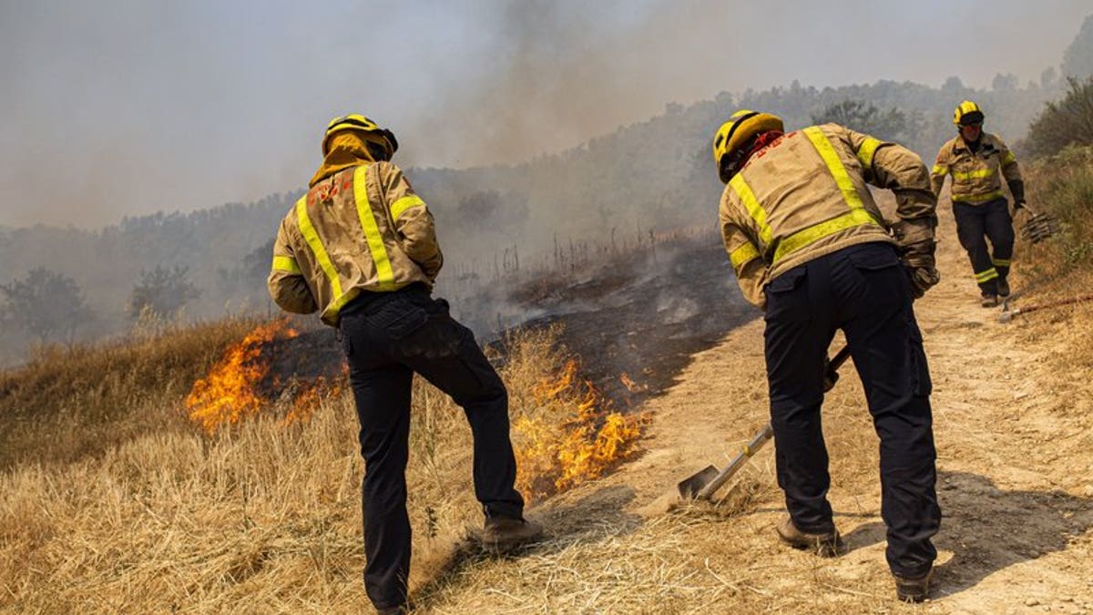 Firefighters try to extinguish a wildfire in Palma d'Ebre, near Tarragona, Spain, Thursday, June 27, 2019. Authorities suspect the cause of the outbreak was a deposit of improperly stored manure. Firefighters say that high temperatures and a drop in humidity will likely fan the flames.