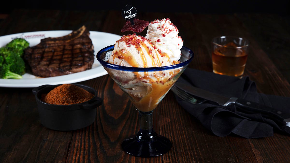 LongHorn Steak and Bourbon Ice Cream on table