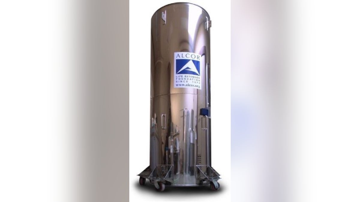 This "Bigfoot" Dewar is custom-designed to contain four whole-body patients and five neuropatients immersed in liquid nitrogen at -196 degrees Celsius. The Dewar is an insulated container that consumes no electric power. Liquid nitrogen is added periodically to replace the small amount that evaporates.