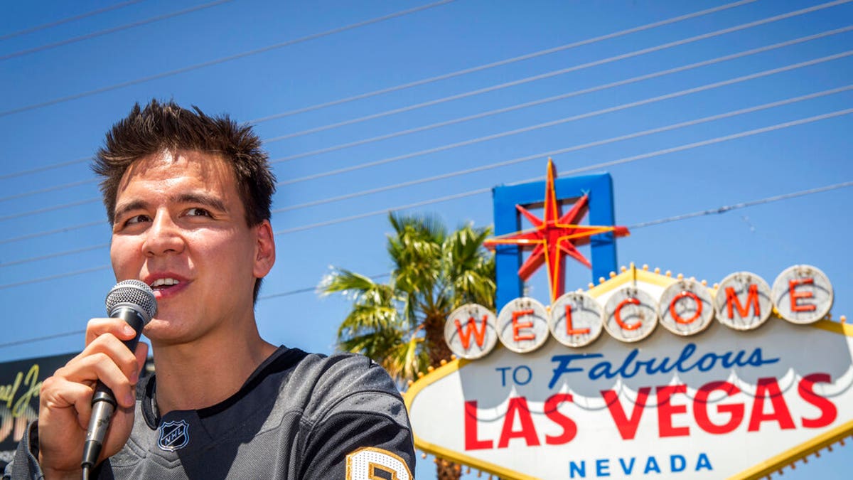 FILE: "Jeopardy!" sensation James Holzhauer speaks after being presented with a key to the Las Vegas Strip in front of the Welcome to Fabulous Las Vegas sign in Las Vegas. 