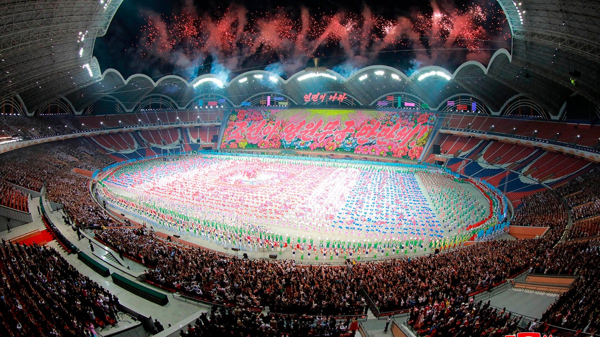 This image provided by the North Korean government shows the grand gymnastic and artistic performance at the May Day Stadium in Pyongyang.