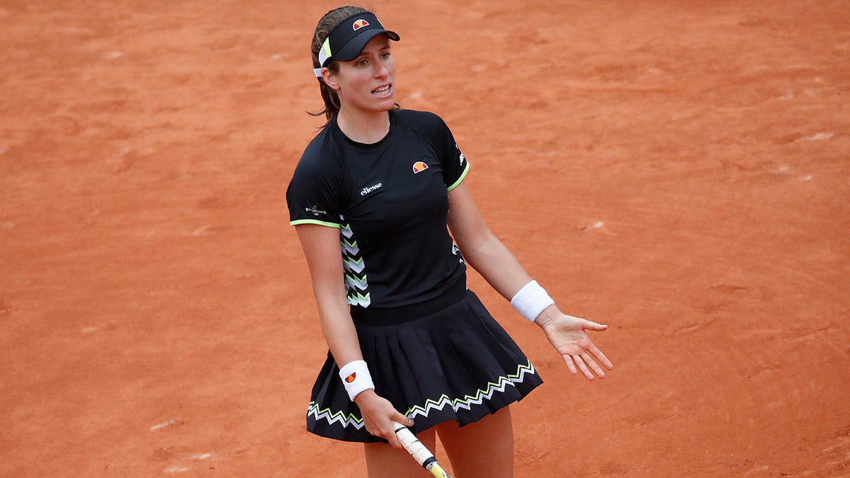 Britain's Johanna Konta reacts after missing a shot against Marketa Vondrousova of the Czech Republic during their semifinal match of the French Open tennis tournament at the Roland Garros stadium in Paris, Friday, June 7, 2019. (AP Photo/Christophe Ena)