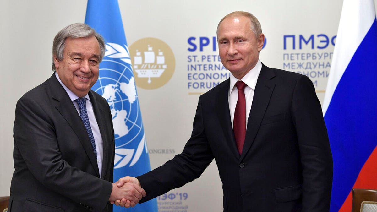 United Nations Secretary General Antonio Guterres pictured with Vladimir Putin earlier this month; State Department spokesperson Morgan Ortagus said that Deputy Secretary of State John Sullivan called Guterres, Friday, “to convey deep concerns,” regarding Vornonkov’s planned visit to Xinjiang, China.