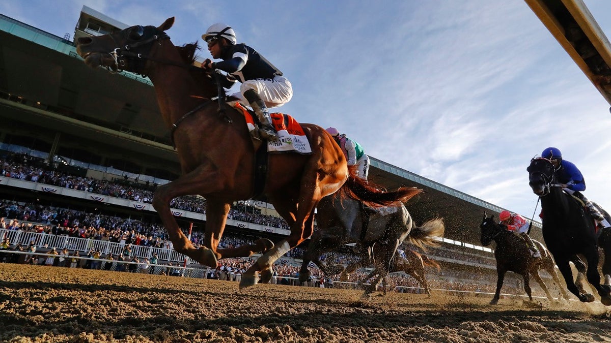 Sir Winston (7), with jockey Joel Rosario up, crosses the finish line to win the 151st running of the Belmont Stakes horse race, Saturday, June 8, 2019, in Elmont, N.Y. (AP Photo/Seth Wenig)