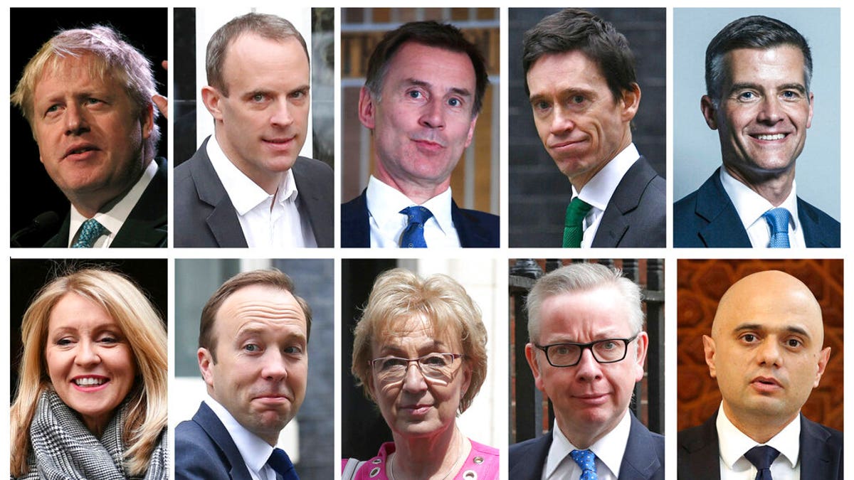 The Conservative Party leadership race, with top row from left, Boris Johnson, Dominic Raab, Jeremy Hunt, Rory Stewart, Mark Harper, and bottom row from left, Esther McVey, Matt Hancock, Andrea Leadsom, Michael Gove, Sajid Javid. Harper, McVey and Leadsom all dropped out after round one.