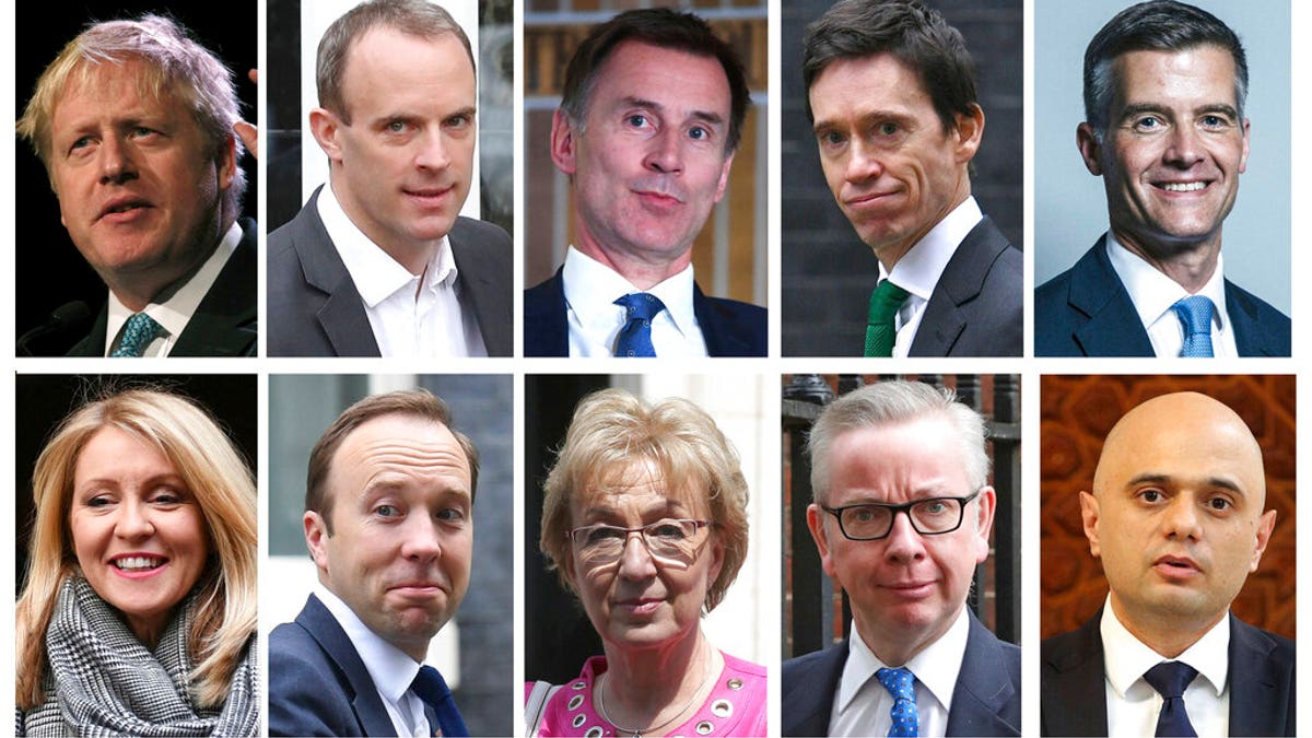 The Conservative Party leadership race, with top row from left, Boris Johnson, Dominic Raab, Jeremy Hunt, Rory Stewart, Mark Harper, and bottom row from left, Esther McVey, Matt Hancock, Andrea Leadsom, Michael Gove, Sajid Javid. Harper, McVey and Leadsom all dropped out after round one.