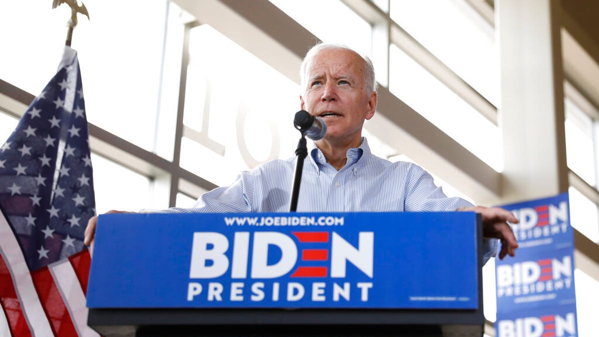 Democratic presidential candidate Joe Biden speaks during a town hall meeting on Tuesday in Ottumwa, Iowa. (AP Photo/Matthew Putney)