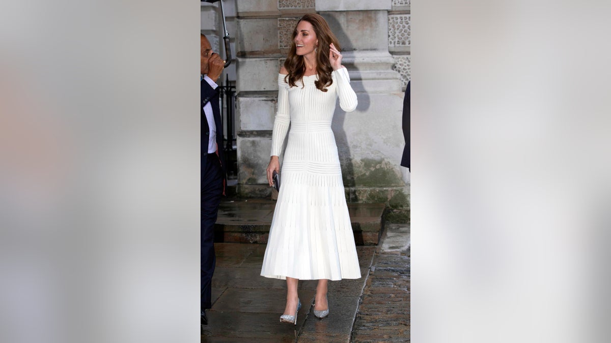 Kate, who is the Patron of Action on Addiction, polished off her look with a sparkling pair of Jimmy Choo point toe pumps, valued at $AU970, a matching clutch and Kiki McDonough diamond hoop earrings, which are currently on sale for $AU6200.