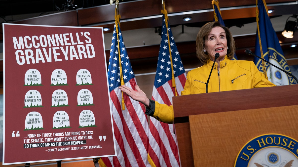 Speaker of the House Nancy Pelosi, D-Calif., reflects on bills that have passed the House but die in the Senate because Senate Majority Leader Mitch McConnell, R-Ky., does not bring them up for a vote, during a news conference on Capitol Hill. (AP Photo/J. Scott Applewhite)