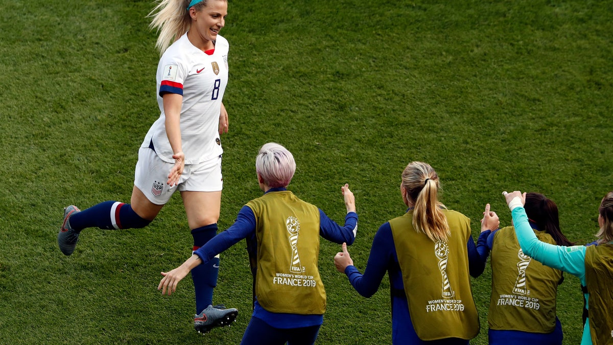 United States' Julie Ertz, left, celebrates after scoring her side's second goal during the Women's World Cup Group F soccer match between the United States and Chile at the Parc des Princes in Paris, Sunday, June 16, 2019. ()