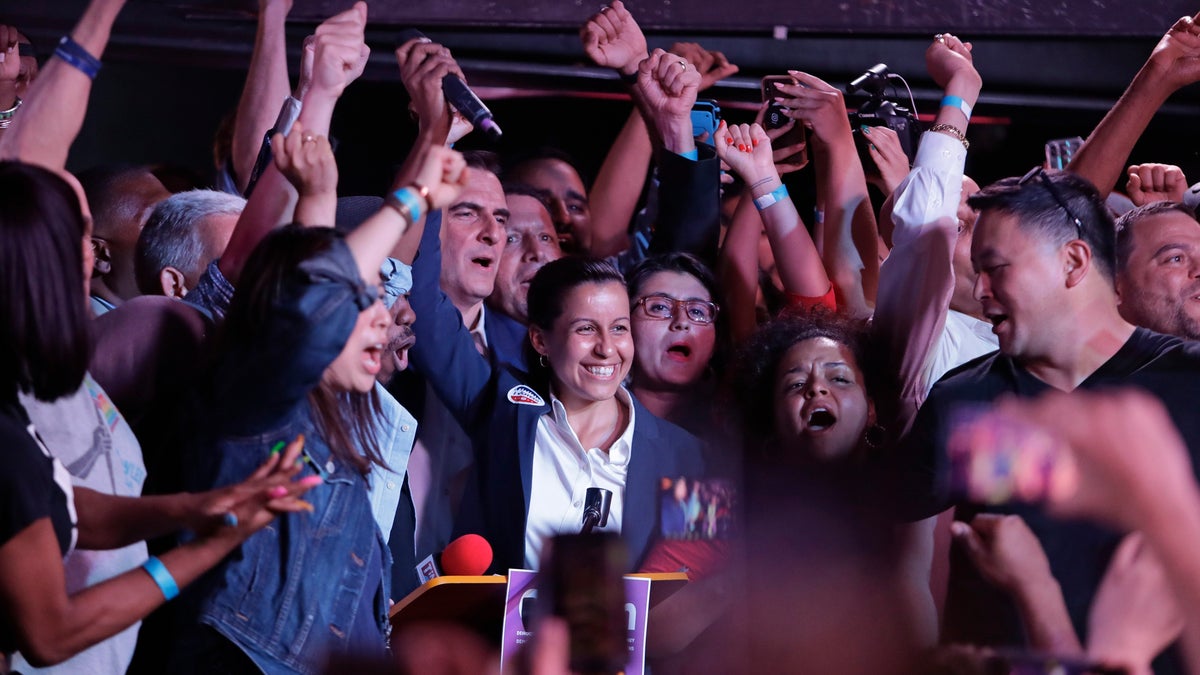 Queens district attorney candidate Tiffany Caban reacts as she is greeted by supporters Tuesday, June 25, 2019, in the Queens borough of New York. (AP Photo/Frank Franklin II)