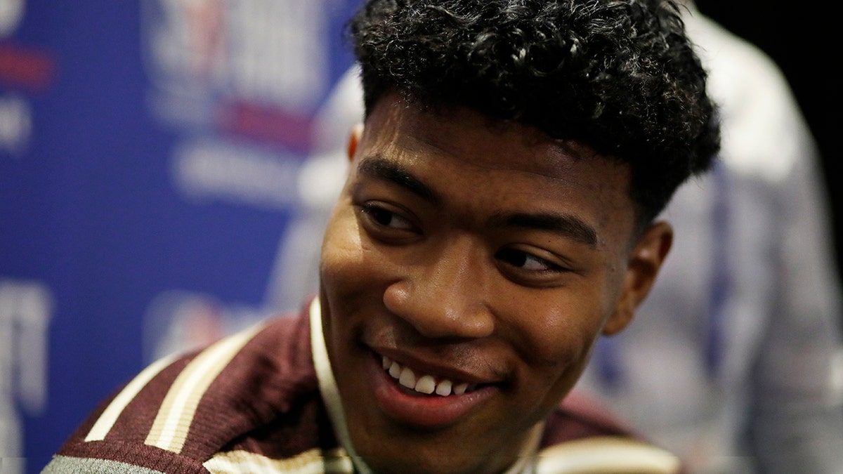Rui Hachimura, a Gonzaga junior college basketball player from Japan, attends the NBA Draft media availability, Wednesday, June 19, 2019, in New York. The draft will be held Thursday, June 20. (AP Photo/Mark Lennihan)