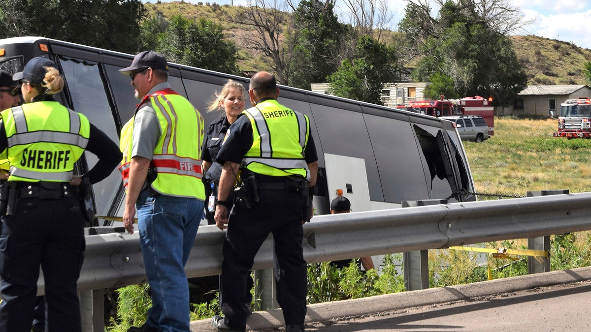 A charter bus carrying more than a dozen people ran off the highway after striking a bridge support Sunday in southern Colorado, killing a few people and injuring several others, a state patrol official said.