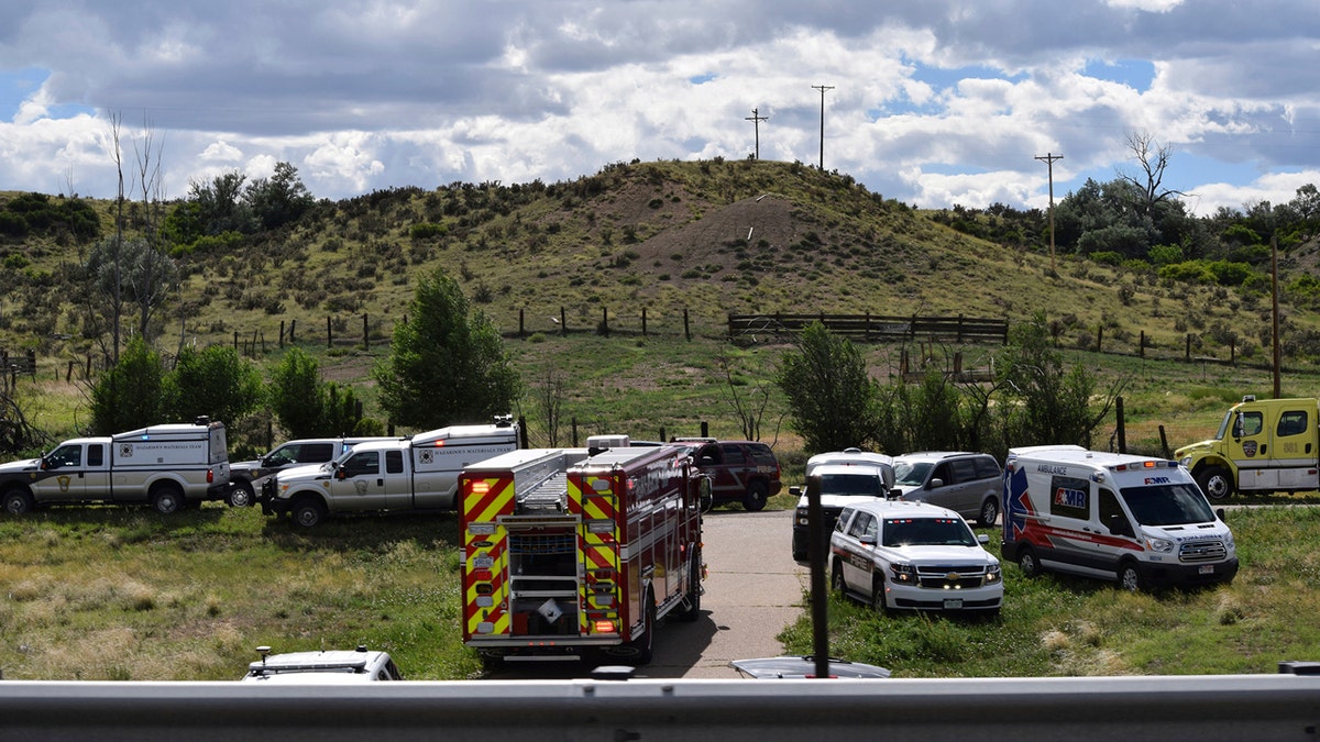 Emergency crews respond to a bus crash on southbound Interstate 25 in Pueblo County, Colo., Sunday afternoon, June 23, 2019.